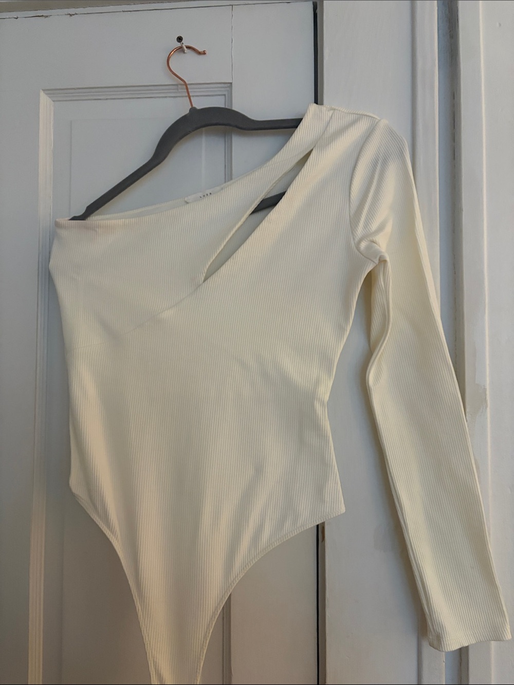 Lush Cream Ribbed One-Shoulder Cutout Bodysuit